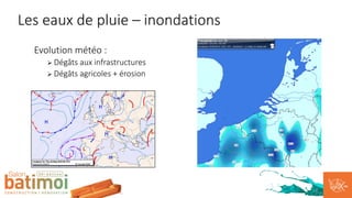 Evolution météo :
Ø Dégâts aux infrastructures
Ø Dégâts agricoles + érosion
Les eaux de pluie – inondations
 