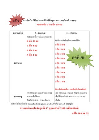 ก-+1          ก                 ก 2       ก           (ก           ! 2/2554)
                                           &' 15 )   !9

           !+,-                    5.8                            0.4

                      8     4,    10 56
                      7   4,      8 56                8 4, 5 56
                      6      4,   6 56                7 4, 5 56
                      5    4,     4 56                6 4, 5 56
                                                      5 4, 5 56                    +#67
   1- ก2 3 ,                                          4 4, 5 56
                                                      3 4, 4 56
                                                      2 4, 3 56
                                                      1 4, 2 56
                                                      0 4, 1 56

                                                    4,3 4        'ก + 66;<ก34, 4 ,
                #$%& '      && 6 && ( ก * 2 #$%& '            && 3 && ( ก * 6 &&
   3 3&=             &&#+,- ./0% &                #+,- ./0% & (      4+5+5+5+5+5 =29
                (      10+8+6 = 25 #34&(&         #34&(&
+ 1- >5>3-? &@ > Group facebook: physics kroolek 3 > facebook 1 R
           ก2 3 ,                  > 4 S=ก ! 17 ก=        4 T 2555 3        ,
                                                                            ก-+1 10 ก. . 55
 