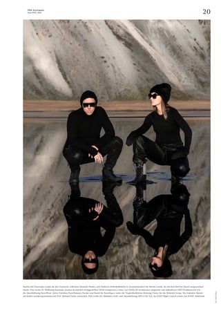 20
THE Stylemate
Issue No 01 | 2023
Foto:
Stefan
Haider
Martin und Anastasija Lesjak mit den Geometric Collection Diamond Shades, eine limitierte Brillenkollektion in Zusammenarbeit mit Martin Lasnik, die mit dem Red Dot Award ausgezeichnet
wurde. Foto rechts 01: Wellbeing-Konzepte wurden im kürzlich fertiggestellten MAM Competence Center von INNOCAD architecture umgesetzt und inkludieren 13&9-Produktserien wie
die Akustik­
lösung BuzziPleat, Active Furniture BuzziBalance Hocker und Board für BuzziSpace sowie die Teppichkollektion Relaxing Floors für die Mohawk Group. Die fraktalen Muster
am Boden wurden gemeinsam mit Prof. Richard Taylor entwickelt. Foto rechts 02: Modulare Licht- und Akustiklösung HEX-O für XAL im EANS Flight Control Centre von KAMP Arhitektid.
 