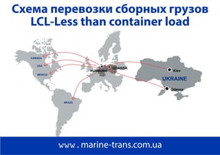 Схема перевозки сборных грузов
LCL-Less than container load
www.marine-trans.com.ua
GDANSK
UKRAINE
CANADA
USA
MEXICO
BRAZIL
Kiev
Odessa
HUMBURG
 