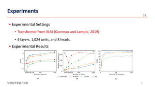 • Experimental Settings
• Transformer from XLM (Conneau and Lample, 2019)
• 6 layers, 1,024 units, and 8 heads.
• Experimental Results
17
Experiments
 