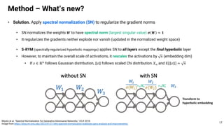 • Solution. Apply spectral normalization (SN) to regularize the gradient norms
• SN normalizes the weights 𝑾 to have spectral norm (largest singular value) 𝝈 𝑾 ≈ 𝟏
• It regularizes the gradients neither explode nor vanish (updated in the normalized weight space)
• S-RYM (spectrally-regularized hyperbolic mappings) applies SN to all layers except the final hyperbolic layer
• However, to maintain the overall scale of activations, it rescales the activations by 𝑛 (embedding dim)
• If 𝑧 ∈ ℝ! follows Gaussian distribution, 𝑧 follows scaled Chi distribution 𝒳! and 𝔼 𝑧 ≈ 𝑛
Method – What’s new?
17
Miyato et al. “Spectral Normalization for Generative Adversarial Networks,” ICLR 2018.
Image from https://blog.ml.cmu.edu/2022/01/21/why-spectral-normalization-stabilizes-gans-analysis-and-improvements/
× 𝒏𝟏 × 𝒏𝟐
Transform to
hyperbolic embedding
 