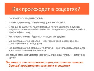 Как происходит в соцсетях?

    Пользователь создал профиль

    Нашел друзей — добавил их в друзья/ подписался

    В его ленте новостей появляется все то, что «делают» друзья в
    соцсетях — и он читает/ отмечает то, что нравится/ делится к себе в
    профиль (на стенку)

    Как только отмечает / делится — видят его друзья

    Его приглашают на события — как только отмечается/ делится
    событием — видят его друзья

    Его приглашают на страницы / в группы — как только присоединился —
    в его ленте новостей все новости
как только отмечает/ делится контентом страницы/ группы — видят его
   друзья

Вы можете это использовать для построения личного
 бренда/ продвижения компании в соцсетях
 