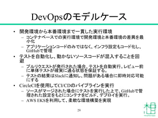 DevOpsのモデルケース
• 開発環境から本番環境まで一貫した実行環境
– コンテナベースでの実行環境で開発環境と本番環境の差異を最
小化
– アプリケーションコードのみではなく、インフラ設定もコード化し、
GitHubで管理
• テストを自動化し、動かないソースコードが混入することを回
避
– プルリクエストが発行された場合、テストを自動実行。レビュー前
に単体テストが確実に通る状態を保証する。
– テストの結果はSlackに通知し、問題がある場合に即時対応可能
にする
• CircleCIを使用してCI/CDのパイプラインを実行
– ソースがマージされた場合にテストを実行した上で、GitHubで管
理された設定をもとにコンテナをビルド、デプロイを実行。
– AWS EKSを利用して、柔軟な環境構築を実現
29
 