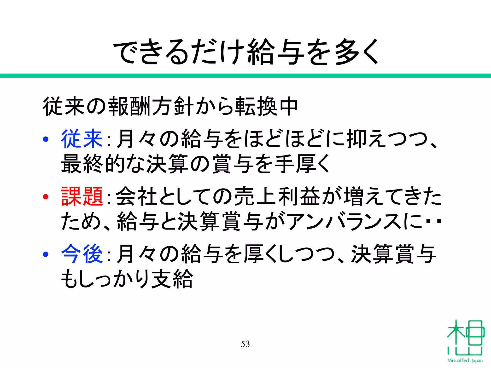 できるだけ給与を多く
従来の報酬方針から転換中
• 従来：月々の給与をほどほどに抑えつつ、
最終的な決算の賞与を手厚く
• 課題：会社としての売上利益が増えてきた
ため、給与と決算賞与がアンバランスに・・
• 今後：月々の給与を厚くしつつ、決算賞与
もしっかり支給
53
 