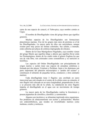 VOL. 66, (3) 2000 LA CIGUATERA. INTOXICACIÓN POR BIOTOXINAS MARINAS
carne de una especie de caracol, el Tubro-pica, cuyo nombre común es
Cigua.
El nombre de Dinoflagelados viene del griego dimos que significa
giratorio.
Muchas especies de los Dinoflagelados son formaciones
planctónicas marinas. Uno de los grupos más raros de protistas es el de
los Dinoflagelados. La mayor parte de ellos son unicelulares, aunque
existen pero muy pocas las formas coloniales. Sus células, a menudo,
están cubiertas por placas de celulosa impregnadas de silicatos.
Dentro de la Clase Mastigoforos Flagelados, cuyo nombre vienen
del griego Mastix que significa látigo y phoros que significa llevar están
los Fitomastiginos, dentro de los cuales están el género Euglena los que
son de vida libre, son coloreados como cromatóforos y su nutrición es
holofítica.
Las especies del Orden Dinoflagelados son principalmente de
origen marino y suelen tener una especie de armadura celulósica y
formada por dos placas: Ceratium y Peridium. Junto a los diatomeas son
parte importante del planctón microscópico o “prados del océano” y
constituyen el alimento de pequeñas larvas, crustáceos y otros animales
marinos.
Cada dinoflagelado tiene 2 flagelos: uno arrollado en surco
transversal que está situado en el centro de la célula como un cinturón, el
otro flagelo está colocado en un surco longitudinal, perpendicular al otro,
y se proyecta más allá de la célula. La ondulación de estos flagelos
impulsa al dinoflagelado en el agua con un movimiento de trompo
giratorio.
La mayor parte de los Dinoflagelados realiza la fotosíntesis y
poseen pigmentos de clorofila a, clorofila c y carotenoides.
Algunos son incoloros y se alimentan ingiriendo otros organismos.
Sus productos de almacenamiento son aceites y polisacáridos. Muchos
son endosimbióticos, que residen en invertebrados marinos como
medusas, corales y moluscos.
3
 