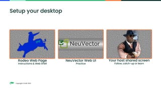 Copyright © SUSE 2023
Setup your desktop
Rodeo Web Page
Instructions & Web Shell
NeuVector Web UI
Practice
Your host shared screen
Follow, catch-up or learn
 