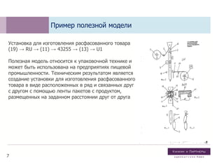 Установка для изготовления расфасованного товара
(19) → RU → (11) → 43255 → (13) → U1
Полезная модель относится к упаковочной технике и
может быть использована на предприятиях пищевой
промышленности. Техническим результатом является
создание установки для изготовления расфасованного
товара в виде расположенных в ряд и связанных друг
с другом с помощью ленты пакетов с продуктом,
размещенных на заданном расстоянии друг от друга
7
Пример полезной модели
 
