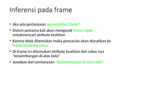 Inferensi pada frame
• Jika ada pertanyaan apa keahlian Clyde?
• Sistem pertama kali akan mengecek frame clyde
untukmencari atribute keahlian
• Karena tidak ditemukan maka pencarian akan diarahkan ke
frame binatang sirkus
• Di frame ini ditemukan atribute keahlian dan value nya
“keseimbangan di atas bola”
• Jawaban dari pertanyaan “Keseimbangan di atas roda”
 