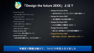 「Design the future 20XX」とは？
Tell the story 2013
〜2013年を僕らの手でデザインする
Tell the story 2014
〜未来を予測するな、デザインしろ
Tell the story 2015
〜未来に適応するな、変革せよ！
Tell the story 2016
〜仲間と視た未来へ飛躍せよ！
Design the future 2017
〜シフトせよ！僕らが創るステージへ
Design the future 2018
〜社会の変革を傍観するな、めざせ自己変革！〜
宇都宮で開催を続けて、ついに11年目となりました
Design the future 2019
〜自分の中のクリエイティビティを取り戻せ！〜
Design the future 2020
〜自己実現のための第3の扉へ〜
Design the future 2021
〜小さな冒険心で偶然をつかめ！〜
Design the future 2022
〜見えない目的地よりも目の前の偏愛を！〜
Design the future 2023
〜誰かのあたりまえを、誰かのきかっけに！〜
 