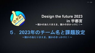 Design the future 2023
in 宇都宮
〜誰かのあたりまえを、誰かのきかっけに！〜
５．2023年のチーム名と課題設定
〜誰かのあたりまえを、誰かのきっかけに！〜
１１：４０
 