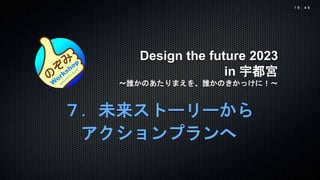 Design the future 2023
in 宇都宮
〜誰かのあたりまえを、誰かのきかっけに！〜
７．未来ストーリーから
アクションプランへ
１５：４５
 