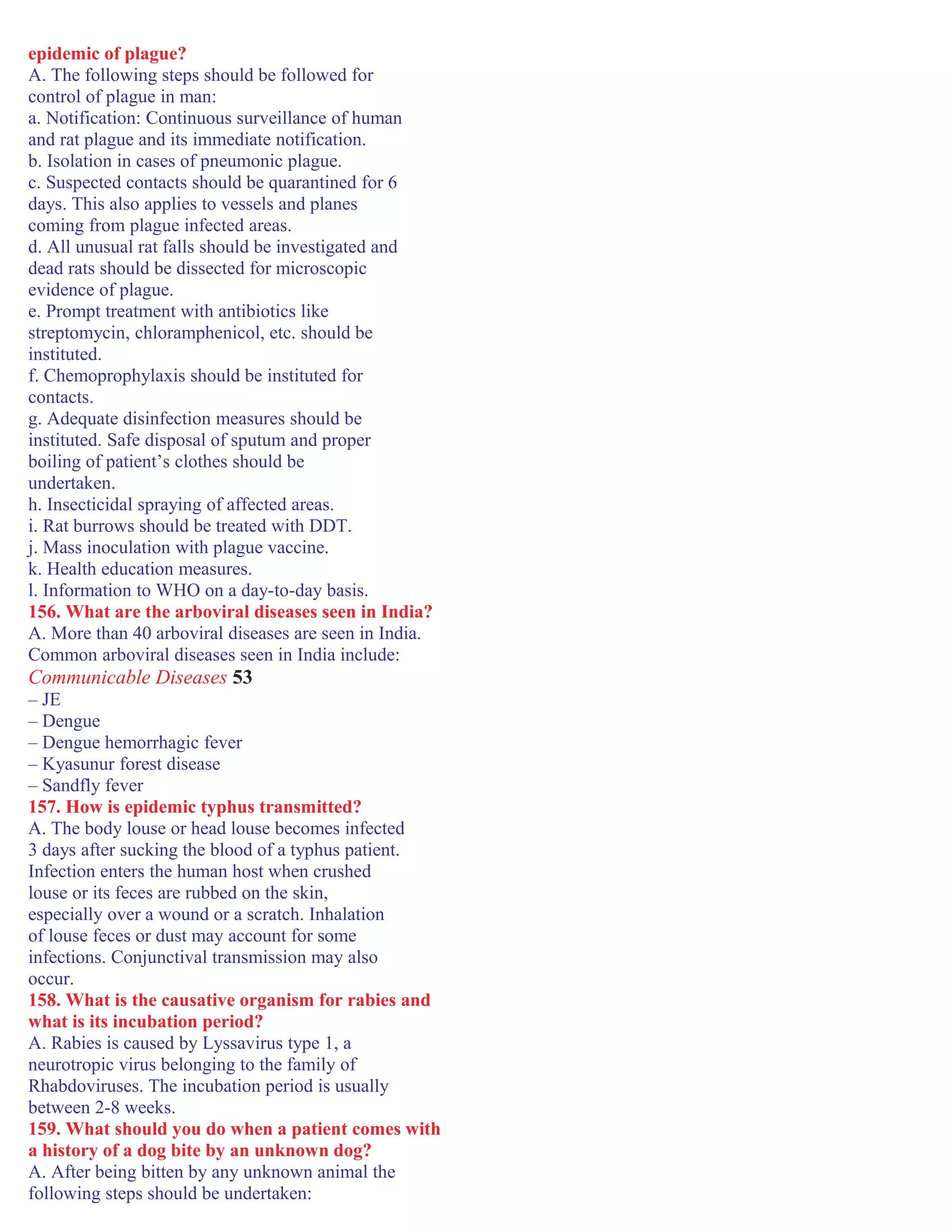 epidemic of plague?
A. The following steps should be followed for
control of plague in man:
a. Notification: Continuous surveillance of human
and rat plague and its immediate notification.
b. Isolation in cases of pneumonic plague.
c. Suspected contacts should be quarantined for 6
days. This also applies to vessels and planes
coming from plague infected areas.
d. All unusual rat falls should be investigated and
dead rats should be dissected for microscopic
evidence of plague.
e. Prompt treatment with antibiotics like
streptomycin, chloramphenicol, etc. should be
instituted.
f. Chemoprophylaxis should be instituted for
contacts.
g. Adequate disinfection measures should be
instituted. Safe disposal of sputum and proper
boiling of patient’s clothes should be
undertaken.
h. Insecticidal spraying of affected areas.
i. Rat burrows should be treated with DDT.
j. Mass inoculation with plague vaccine.
k. Health education measures.
l. Information to WHO on a day-to-day basis.
156. What are the arboviral diseases seen in India?
A. More than 40 arboviral diseases are seen in India.
Common arboviral diseases seen in India include:
Communicable Diseases 53
– JE
– Dengue
– Dengue hemorrhagic fever
– Kyasunur forest disease
– Sandfly fever
157. How is epidemic typhus transmitted?
A. The body louse or head louse becomes infected
3 days after sucking the blood of a typhus patient.
Infection enters the human host when crushed
louse or its feces are rubbed on the skin,
especially over a wound or a scratch. Inhalation
of louse feces or dust may account for some
infections. Conjunctival transmission may also
occur.
158. What is the causative organism for rabies and
what is its incubation period?
A. Rabies is caused by Lyssavirus type 1, a
neurotropic virus belonging to the family of
Rhabdoviruses. The incubation period is usually
between 2-8 weeks.
159. What should you do when a patient comes with
a history of a dog bite by an unknown dog?
A. After being bitten by any unknown animal the
following steps should be undertaken:
 