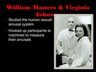 William Masters & Virginia
Johnson
•
Studied the human sexual
arousal system
•
Hooked up participants to
machines to measure
their arousals
 
