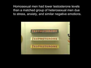 Homosexual men had lower testosterone levels
than a matched group of heterosexual men due
to stress, anxiety, and similar negative emotions.
 