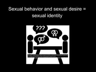 Sexual behavior and sexual desire =
sexual identity
Source: http://www.google.com.ph/imgres?q=sexual+identity&um=1&hl=fil&client=firefox-a&tbo=d&rls=org.mozilla:en-
US:official&biw=1280&bih=609&noj=1&tbm=isch&tbnid=pnHyZyErULUkiM:&imgrefurl=http://identoba.org/&docid=HM4P
_FXsnhvZxM&imgurl=http://identoba.org/wp-content/uploads/2012/06/discussion3-
26214_432x340.jpg&w=432&h=340&ei=JjEZUYH9HI60rAfG7oDADQ&zoom=1&ved=1t:3588,r:53,s:0,i:246&iact=rc&dur
=883&sig=106595358150439382492&page=3&tbnh=199&tbnw=253&start=36&ndsp=20&tx=104&ty=119
 