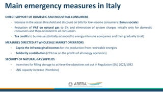 DIRECT SUPPORT OF DOMESTIC AND INDUSTRIAL CONSUMERS
• Increase in the access threshold and discount on bills for low-income consumers (Bonus sociale)
• Reduction of VAT on natural gas to 5% and elimination of system charges initially only for domestic
consumers and then extended to all consumers
• Tax credits to businesses (initially extended to energy-intensive companies and then gradually to all)
MEASURES DIRECTED AT WHOLESALE MARKET OPERATORS
• Cap to the inframarginal incomes for the production from renewable energies
• Solidarity contribution (25% tax on the profits of all energy operators)
SECURITY OF NATURAL GAS SUPPLIES
• Incentives for filling storage to achieve the objectives set out in Regulation (EU) 2022/1032
• LNG capacity increase (Piombino)
Main emergency measures in Italy
 