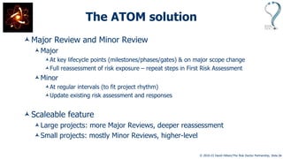 © 2010-23 David Hillson/The Risk Doctor Partnership, Slide 24
The ATOM solution
Major Review and Minor Review
Major
At key lifecycle points (milestones/phases/gates) & on major scope change
Full reassessment of risk exposure – repeat steps in First Risk Assessment
Minor
At regular intervals (to fit project rhythm)
Update existing risk assessment and responses
Scaleable feature
Large projects: more Major Reviews, deeper reassessment
Small projects: mostly Minor Reviews, higher-level
 