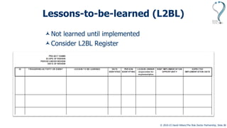 © 2010-23 David Hillson/The Risk Doctor Partnership, Slide 30
Lessons-to-be-learned (L2BL)
Not learned until implemented
Consider L2BL Register
 