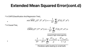 Extended Mean Squared Error(cont.d)
•In CART(Classification And Regression Tree),
•
•In Causal Tree,
•
min ̂
MSE μ(Ste
, Str
, πtr
)) = −
1
Ntr ∑
i∈Str
̂
μ2
(Xi; Str
, πtr
)
̂
EMSEτ(Ste
, Sest
, πtr
)) ≡ −
1
Ntr ∑
i∈Str
̂
τ2
(Xi; Str
, πtr
)
reward high heterogenity
+
(
1
Ntr
+
1
Nest
)
∑
l∈πtr
(
S2
𝒮
tr
treat(l)
p
+
S2
𝒮
tr
control(l)
1 − p
)
Penalizes splits leading to small leafs
 
