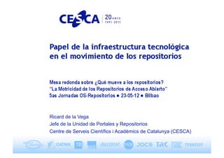 Ricard de la Vega
Jefe de la Unidad de Portales y Repositorios
Centre de Serveis Científics i Acadèmics de Catalunya (CESCA)
 