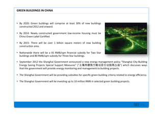 BEE inc.
GREEN'BUILDINGS'IN'CHINA'
+
?? By+ 2020:+ Green+ buildings+ will+ comprise+ at+ least+ 30%+ of+ new+ buildings+
constructed+2012+and+onward.++
+
?? By+ 2014:+ Newly+ constructed+ government+ lowMincome+ housing+ must+ be+
China+Green+Label+Cer7?ed.++
+
?? By+ 2015:+ There+ will+ be+ over+ 1+ billion+ square+ meters+ of+ new+ building+
construc7on+area.++
+
?? Na7onwide+ there+ will+ be+ a+ 45+ RMB/sqm+ ?nancial+ subsidy+ for+ Two+ Star+
buildings+and+80+RMB/sqm+subsidy+for+Three+Star+buildings.++
+
?? September+2012+the+Shanghai+Government+announced+a+new+energy+management+policy+Shanghai+City+Building+
Energy+Saving+Projects+Special+Support+Measures+( )+which+discusses+ways+
that+the+government+will+provide+energy+monitoring+and+management+to+building+projects.++
?? The+Shanghai+Government+will+be+providing+subsidies+for+speci?c+green+building+criteria+related+to+energy+e?ciency.+++
+
?? The+Shanghai+Government+will+be+inves7ng+up+to+10+million+RMB+in+selected+green+building+projects.+
 