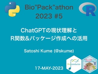 Satoshi Kume (@skume)
ChatGPTの現状理解と
R関数&パッケージ作成への活用
Bio"Pack"athon
2023 #5
17-MAY-2023
 