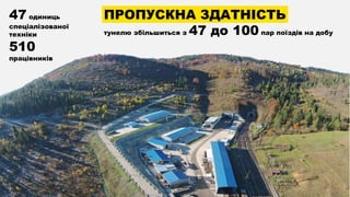 47 одиниць
спеціалізованої
техніки
510
працівників
ПРОПУСКНА ЗДАТНІСТЬ
тунелю збільшиться з 47 до 100 пар поїздів на добу
 
