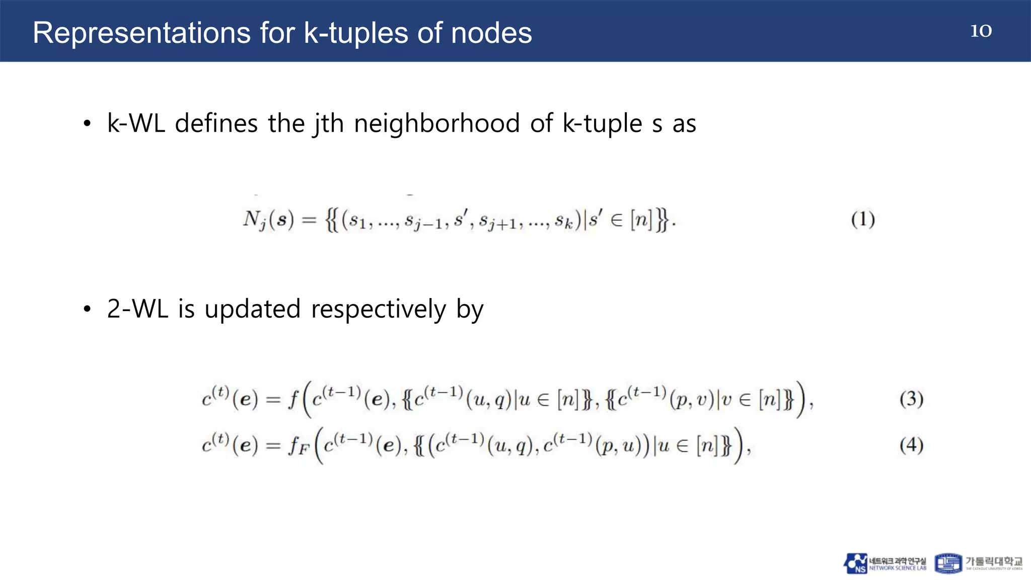 10
Representations for k-tuples of nodes
• k-WL defines the jth neighborhood of k-tuple s as
• 2-WL is updated respectively by
 