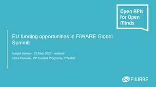 EU funding opportunities in FIWARE Global
Summit
Insight Series - 23 May 2023 - webinar
Clara Pezuela, VP Funded Programs, FIWARE
 