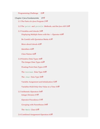 Programming Challenge 25
Chapter 2 Java Fundamentals 27
2.1 The Parts of a Java Program 27
2.2 The print and println Methods, and the Java API 33
2.3 Variables and Literals 39
Displaying Multiple Items with the Operator 40
Be Careful with Quotation Marks 41
More about Literals 42
Identifiers 42
Class Names 44
2.4 Primitive Data Types 44
The Integer Data Types 46
Floating-Point Data Types 47
The boolean Data Type 50
The char Data Type 50
Variable Assignment and Initialization 52
Variables Hold Only One Value at a Time 53
2.5 Arithmetic Operators 54
Integer Division 57
Operator Precedence 57
Grouping with Parentheses 59
The Math Class 62
2.6 Combined Assignment Operators 63





+ 

















 
