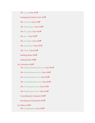 The Line Class 911
Changing the Stroke Color 914
The Circle Class 914
The Rectangle Class 918
The Ellipse Class 921
The Arc Class 924
The Polygon Class 928
The Polyline Class 931
The Text Class 933
Rotating Nodes 936
Scaling Nodes 938
14.2 Animation 940
The TranslateTransition Class 941
The RotateTransition Class 944
The ScaleTransition Class 949
The StrokeTransition Class 952
The FillTransition Class 953
The FadeTransition Class 954
Controlling the Animation 956
Specifying an Interpolator 956
14.3 Effects 958
The DropShadow Class 958






















 