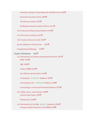 Summing a Range of Array Elements with Recursion 1007
Drawing Concentric Circles 1008
The Fibonacci Series 1011
Finding the Greatest Common Divisor 1012
15.4 A Recursive Binary Search Method 1014
15.5 The Towers of Hanoi 1017
15.6 Common Errors to Avoid 1021
Review Questions and Exercises 1022
Programming Challenges 1025
Chapter 16 Databases 1027
16.1 Introduction to Database Management Systems 1027
JDBC 1028
SQL 1029
Using a DBMS 1029
Java DB and Apache Derby 1030
Creating the CoffeeDB Database 1030
Connecting to the CoffeeDB Database 1030
Connecting to a Password-Protected Database 1032
16.2 Tables, Rows, and Columns 1033
Column Data Types 1035
Primary Keys 1035
16.3 Introduction to the SQL SELECT Statement 1036
Passing an SQL Statement to the DBMS 1038























 