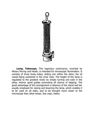 Lamp, Telescope. This ingenious contrivance, invented by
Messrs Murray and Heath, is intended for microscopic illumination. It
consists of three brass tubes, sliding one within the other, the oil
vessel being contained in the inner tube. The height of the lamp is
regulated to the greatest nicety by simply turning one tube in the
other, interior spiral guides preventing all chance of slipping. The
great advantage of this arrangement is absence of the stand and bar
usually employed for raising and lowering the lamp, which enables it
to be used on all sides, and to be brought much closer to the
microscope than other lamps. See engr., below.
 