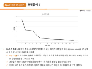  준비파일 : 요인분석.xls
• [스크리 도표]: [설명된 총분산] 표에서 확인할 수 있는 15가지 성분들의 고유값(eigen value)을 큰 값에
서 작은 값 순으로 그래프롤 보여줌
✓ 의 요인추출 창에서 고유값이 1 이상인 요인을 추출하겠다 설정, 총 5개의 성분이 요인으
로 추출되었음을 그래프로 확인
✓ 고유값이 1보다 크면 하나의 요인이 변수 1개 이상의 분산을 설명한다는 의미
✓ 1보다 작은 것은 요인으로서의 의미가 없음을 나타내기 때문에 그 경계값으로 ‘1’이 설정 됨
요인분석 2
 
