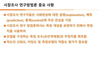 시장조사 연구방법론 중요 사항
◼ 시장조사 연구자들은 사회현상에 대한 설명(explanation), 예측
(prediction), 통제(control)에 주로 관심을 가짐
◼ 시장조사 연구 방법론에서는 특정 개념을 표현하기 위해서 측정
치를 사용하여
◼ 모델을 구성하는 특정 모수(요인적재량)의 추정치를 획득함
◼ 척도의 신뢰도, 타당도 및 측정모델의 적합도 평가가 중요함
 