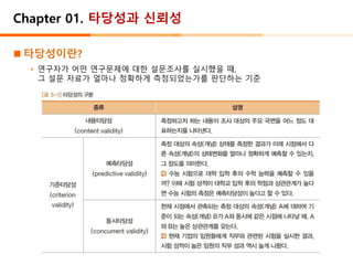 Chapter 01. 타당성과 신뢰성
◼ 타당성이란?
• 연구자가 어떤 연구문제에 대한 설문조사를 실시했을 때,
그 설문 자료가 얼마나 정확하게 측정되었는가를 판단하는 기준
 