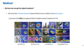 • But how can we get the object locations?
• We found that contrastively learned representations have an ability to find object regions
…concurrent with DINO, but applying CAM for ResNet instead of attention for ViT
Method
17
 
