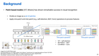 • Patch-based models (ViT, Mixers) has shown remarkable success in visual recognition
• Divide an image as a set of patches
• Apply intra-patch and inter-patch (e.g., self-attention, MLP, Conv) operations to process features
Background
25
Image from the MLP-Mixer paper
[ViT] Dosovitskiy et al. An Image is Worth 16x16 Words: Transformers for Image Recognition at Scale. ICLR 2021.
[MLP-Mixer] Tolstikhin et al. MLP-Mixer: An all-MLP Architecture for Vision. NeurIPS 2021.
[ConvMixer] Trockman & Kolter. Patches Are All You Need? arXiv 2022.
Inter-patch operation
• ViT – self-attention
• MLP-Mixer – MLP
• ConvMixer – Conv
Intra-patch operation
 