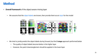 • Overall framework of the object-aware mixing layer
• We assume that the object labels are known, then provide them as an input for the model
• We tried to jointly predict the object labels during forward, but the 2-stage approach performed better
• The quality of object labels become better in the higher layer
• However, the patch disentanglement should be applied in the lower layer
Method
28
 