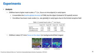 • Analysis
• OAMixer learns higher mask scales 𝜅($) (i.e., focus on intra-objects) in early layers
• It resembles the local-to-global structure of CNN, but the object (instead of 2D spatial) version
• ConvMixer has lower mask scales (i.e., see globally) in early layers due to the limited receptive field
• OAMixer makes ViT more focus on the object (on background-shifted images)
Experiments
36
[Transformer Saliency] Chefer et al. Transformer Interpretability Beyond Attention Visualization. CVPR 2021.
 