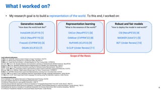 • My research goal is to build a representation of the world. To this end, I worked on:
What I worked on?
4
Lead-authored publications
[1] Mo et al. InstaGAN: Instance-aware Image-to-Image Translation. ICLR’19.
[2] Mo et al. Mining GOLD Samples for Conditional GANs. NeurIPS’19.
[3] Mo et al. Freeze the Discriminator: a Simple Baseline for Fine-Tuning GANs. CVPRW’20.
[4] Tack*, Mo* et al. CSI: Novelty Detection via Contrastive Learning on Distributionally Shifted Instances. NeurIPS’20.
[5] Moon*, Mo* et al. MASKER: Masked Keyword Regularization for Reliable Text Classification. AAAI’21.
[6] Mo*, Kang* et al. Object-aware Contrastive Learning for Debiased Scene Representation. NeurIPS’21.
[7] Yu*, Tack*, Mo* et al. Generating Videos with Dynamics-aware Implicit Generative Adversarial Networks. ICLR’22.
[8] Kang*, Mo* et al. OAMixer: Object-aware Mixing Layer for Vision Transformers. CVPRW'22.
[9] Mo et al. RoPAWS: Robust Semi-supervised Representation Learning from Uncurated Data. ICLR’23.
[10] Kim*, Mo* et al. Bias-to-Text: Debiasing Unknown Visual Biases through Language Interpretation. Under Review.
[11] Mo et al. S-CLIP: Semi-supervised Vision-Language Pre-training using Few Specialist Captions. Under Review.
Co-authored publications
[11] Lookahead: A Far-sighted Alternative of Magnitude-based Pruning. ICLR’20.
[12] Layer-adaptive Sparsity for the Magnitude-based Pruning. ICLR’21.
[13] Abstract Reasoning via Logic-guided Generation. ICML’21.
[14] Deep Neural Network Approach in Electrical Impedance Tomography-Based Real-Time Soft Tactile Sensor. IROS’19.
[15] Deep Neural Network Based Electrical Impedance Tomographic Sensing Methodology for Large-Area Robotic Tactile Sensing. TRO’21.
[16] Breaking the Spurious Causality of Conditional Generation via Fairness Intervention with Corrective Sampling. TMLR’23.
[17] Diffusion Probabilistic Models for Structured Node Classification. Under Review.
Generative models
“How does the world look like?”
Representation learning
“What is the essence of the world?”
Robust and fair models
“How to deploy the model in real-world?”
InstaGAN (ICLR’19) [1]
GOLD (NeurIPS’19) [2]
FreezeD (CVPRW’20) [3]
DIGAN (ICLR’22) [7]
OACon (NeurIPS’21) [6]
OAMixer (CVPRW’22) [8]
CSI (NeruIPS’20) [4]
RoPAWS (ICLR’23) [9]
S-CLIP (Under Review) [11]
MASKER (AAAI’21) [5]
B2T (Under Review) [10]
Scope of the thesis
 