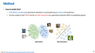 • How to tackle this?
• Probabilistic modeling (or generative classifier) is a principled way to calibrate the prediction
• Our key insight is that PAWS can be secretly interpreted as a generative classifier (KDE on embedding space)
Method
43
Image from https://learnopencv.com/generative-and-discriminative-models/
 