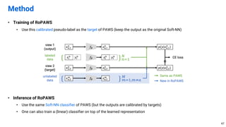 • Training of RoPAWS
• Use this calibrated pseudo-label as the target of PAWS (keep the output as the original Soft-NN)
• Inference of RoPAWS
• Use the same Soft-NN classifier of PAWS (but the outputs are calibrated by targets)
• One can also train a (linear) classifier on top of the learned representation
Method
47
 