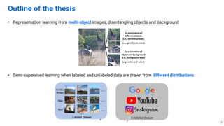 • Representation learning from multi-object images, disentangling objects and background
• CSI (NeurIPS’20) [1]
• Can we use self-supervised learning for OOD detection?
• RoPAWS (under review) [2]
• Can we do semi-supervised learning when unlabeled data contains OOD data?
• Semi-supervised learning when labeled and unlabeled data are drawn from different distributions
Outline of the thesis
7
 