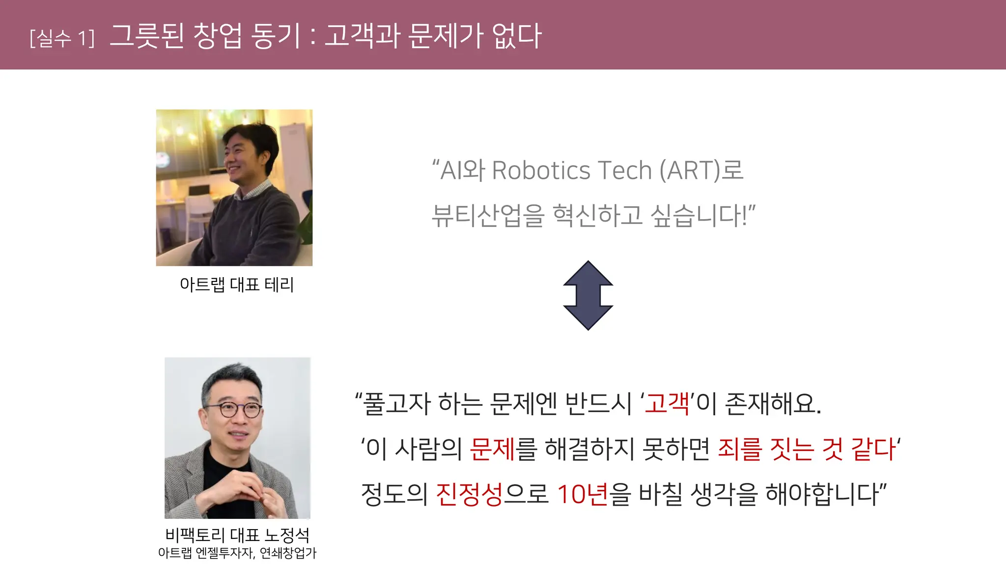 [실수 1] 그릇된 창업 동기 : 고객과 문제가 없다
“AI와 Robotics Tech (ART)로
뷰티산업을 혁신하고 싶습니다!”
“풀고자 하는 문제엔 반드시 ‘고객’이 존재해요.
‘이 사람의 문제를 해결하지 못하면 죄를 짓는 것 같다‘
정도의 진정성으로 10년을 바칠 생각을 해야합니다”
아트랩 대표 테리
비팩토리 대표 노정석
아트랩 엔젤투자자, 연쇄창업가
 