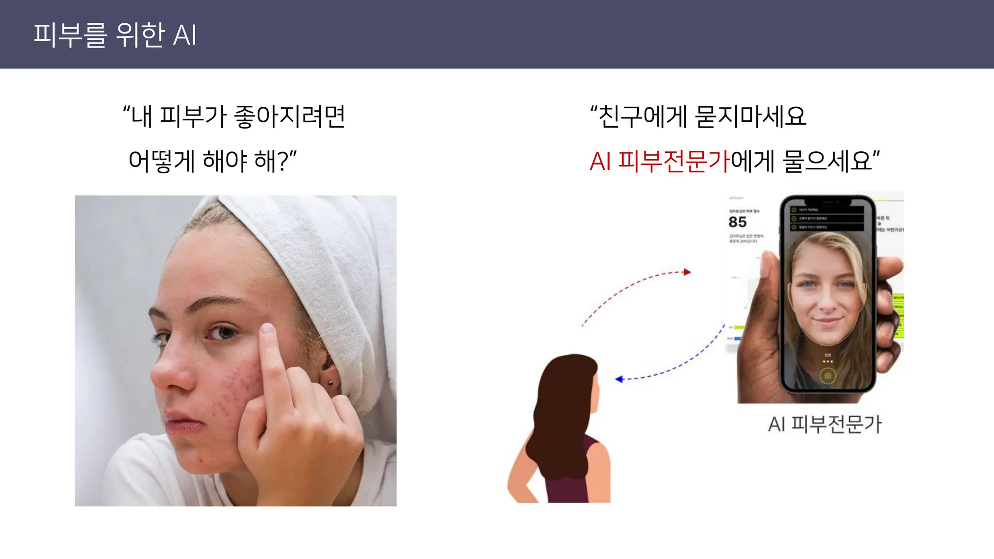 피부를 위한 AI
“내 피부가 좋아지려면
어떻게 해야 해?”
“친구에게 묻지마세요
AI 피부전문가에게 물으세요”
 