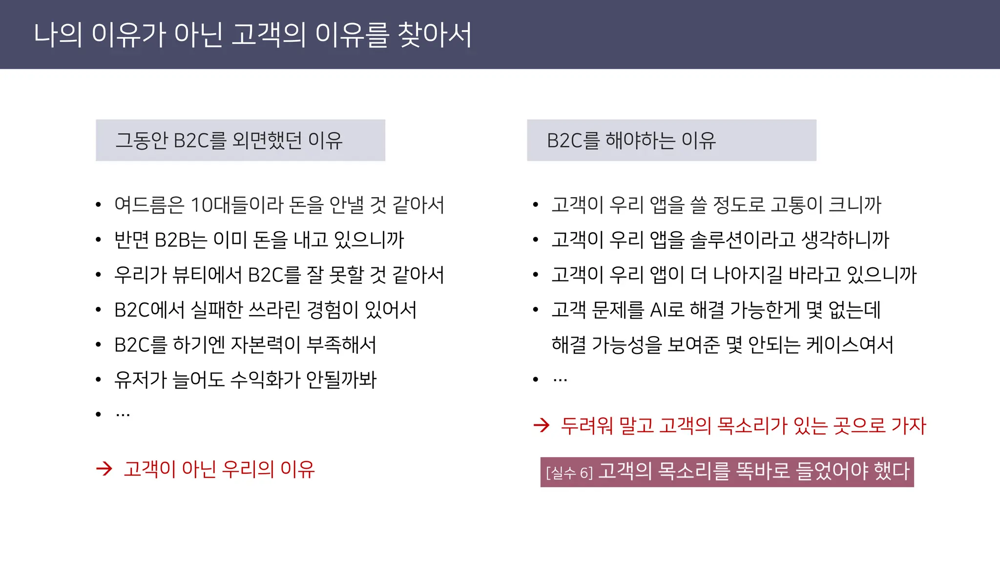 나의 이유가 아닌 고객의 이유를 찾아서
→ 두려워 말고 고객의 목소리가 있는 곳으로 가자
B2C를 해야하는 이유
• 고객이 우리 앱을 쓸 정도로 고통이 크니까
• 고객이 우리 앱을 솔루션이라고 생각하니까
• 고객이 우리 앱이 더 나아지길 바라고 있으니까
• 고객 문제를 AI로 해결 가능한게 몇 없는데
해결 가능성을 보여준 몇 안되는 케이스여서
• …
• 여드름은 10대들이라 돈을 안낼 것 같아서
• 반면 B2B는 이미 돈을 내고 있으니까
• 우리가 뷰티에서 B2C를 잘 못할 것 같아서
• B2C에서 실패한 쓰라린 경험이 있어서
• B2C를 하기엔 자본력이 부족해서
• 유저가 늘어도 수익화가 안될까봐
• …
그동안 B2C를 외면했던 이유
→ 고객이 아닌 우리의 이유
 