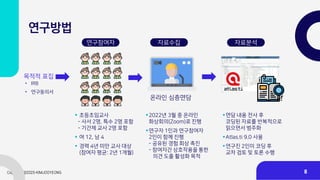 연구방법
연구참여자
• IRB
• 연구동의서
목적적 표집
▪ 초등초임교사
- 사서 2명, 특수 2명 포함
- 기간제 교사 2명 포함
▪ 여 12, 남 4
▪ 경력 4년 미만 교사 대상
(참여자 평균: 2년 1개월)
자료수집
▪2022년 3월 중 온라인
화상회의(Zoom)로 진행
▪연구자 1인과 연구참여자
2인이 함께 진행
- 공유된 경험 회상 촉진
- 참여자간 상호작용을 통한
의견 도출 활성화 목적
온라인 심층면담
자료분석
▪면담 내용 전사 후
코딩된 자료를 반복적으로
읽으면서 범주화
▪Atlas.ti 9.0 사용
▪연구진 2인이 코딩 후
교차 검토 및 토론 수행
8
 