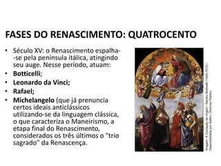 • Século XV: o Renascimento espalha-
-se pela península itálica, atingindo
seu auge. Nesse período, atuam:
• Botticelli;
• Leonardo da Vinci;
• Rafael;
• Michelangelo (que já prenuncia
certos ideais anticlássicos
utilizando-se da linguagem clássica,
o que caracteriza o Maneirismo, a
etapa final do Renascimento,
considerados os três últimos o "trio
sagrado" da Renascença.
FASES DO RENASCIMENTO: QUATROCENTO
História, 7º Ano do Ensino Fundamental
Renascimento Cultural
Imagem:
A
Coroação
da
Virgem
/
Sandro
Botticelli
(1445-1510)
/
Disponibilizada
por
Sailko
/
Domínio
Público
 